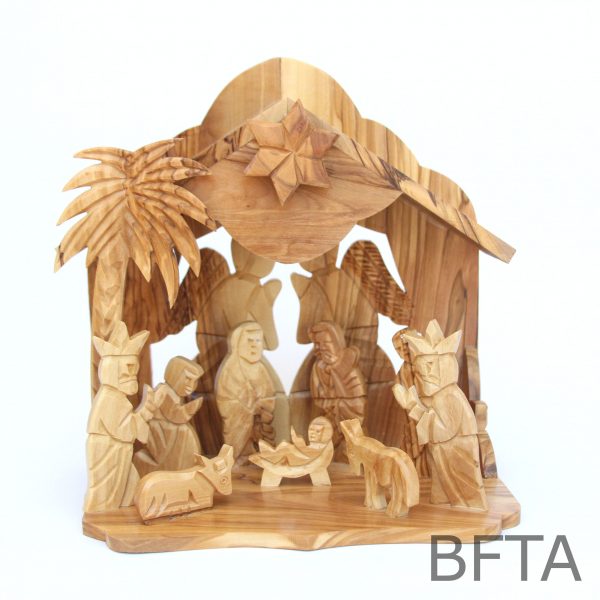 Olive Wood Musical Nativity With Two Angels in The Back and Attached Figurines