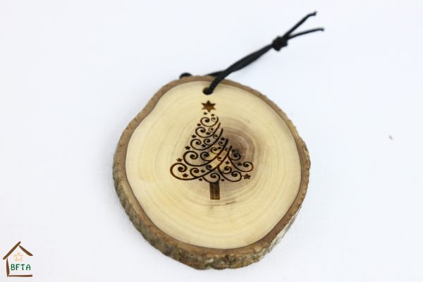 Olive Wood Bark Ornament with Christmas Tree Laser Printing