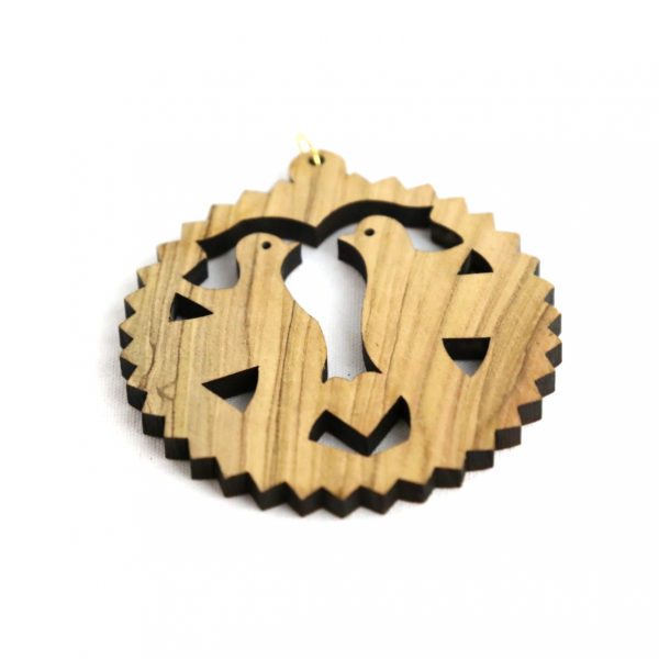 Laser Olive Wood Round Two Peace Doves Ornament