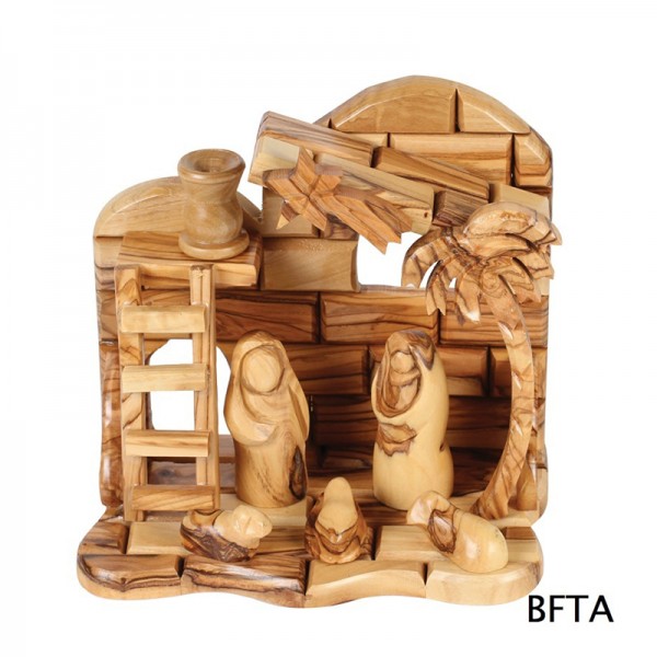Olive Wood Nativity with Ladder and Removable or Glued Holy Family Figures