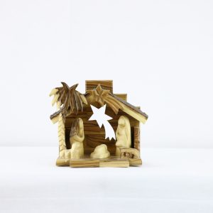 Olive Wood Bark Nativity with a Star in the back