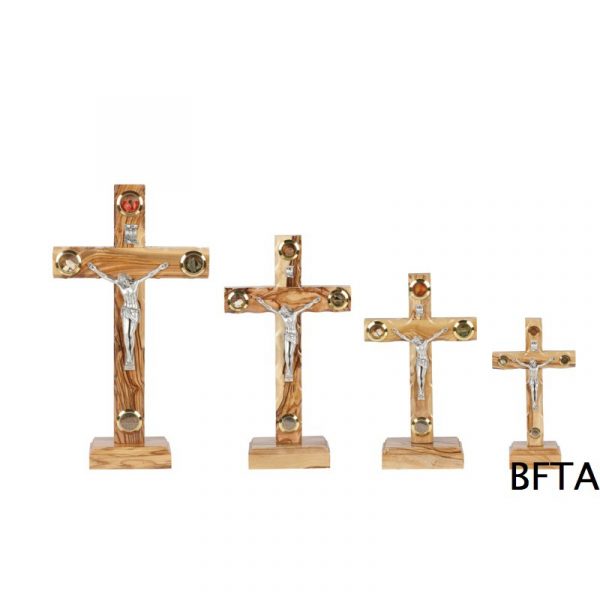 Olive Wood Latin Cross including Four Holy Land Essences with Base
