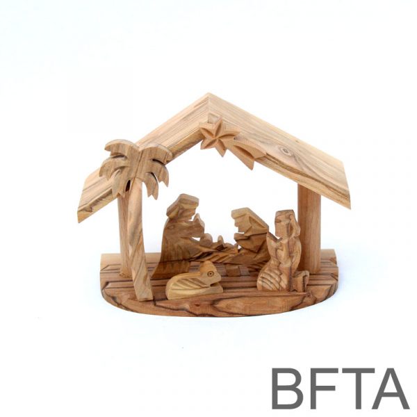 Olive Wood Beams Nativity with a Star and a Tree