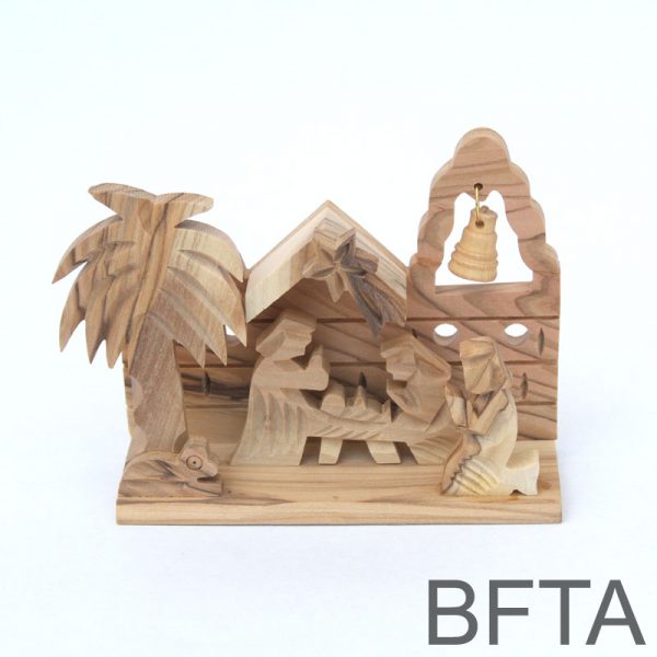 Olive Wood Church Nativity with a Tree and a Bell