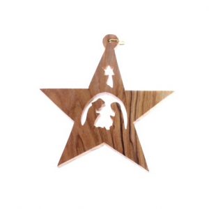 Olive Wood Star Ornament with a Nativity in The Middle