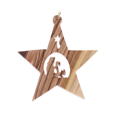 Olive Wood Star Ornament with a Shepherd in The Middle