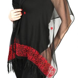 Embroidered Black Chiffon Shawl with Red Thread