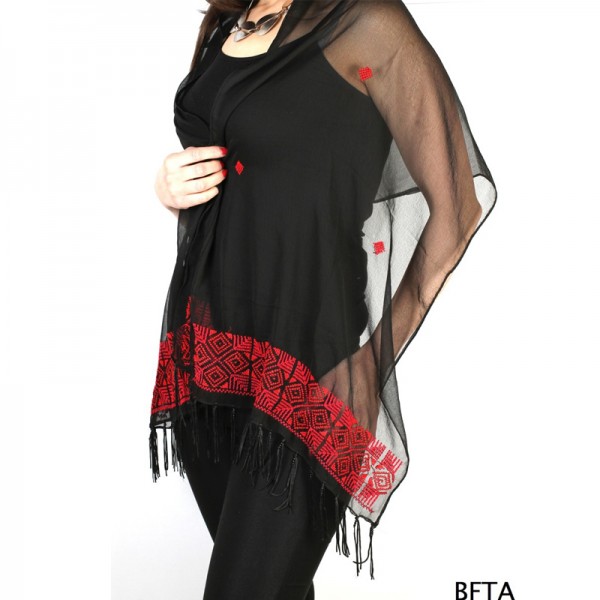 Black Embroidered Chiffon Shawl with Red Thread