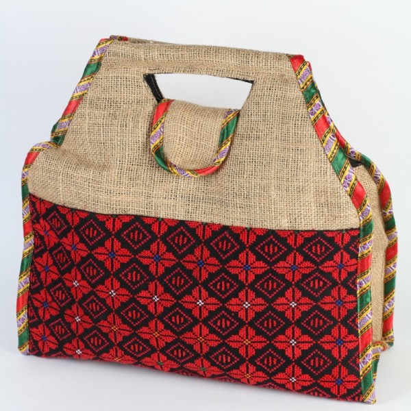 Embroidered Sack Cloth Bag with Red Thread