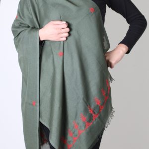 Olive Green Embroidered Shawls with Red Thread