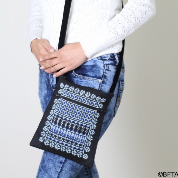 Black Embroidered Passport Bag with Blue Thread