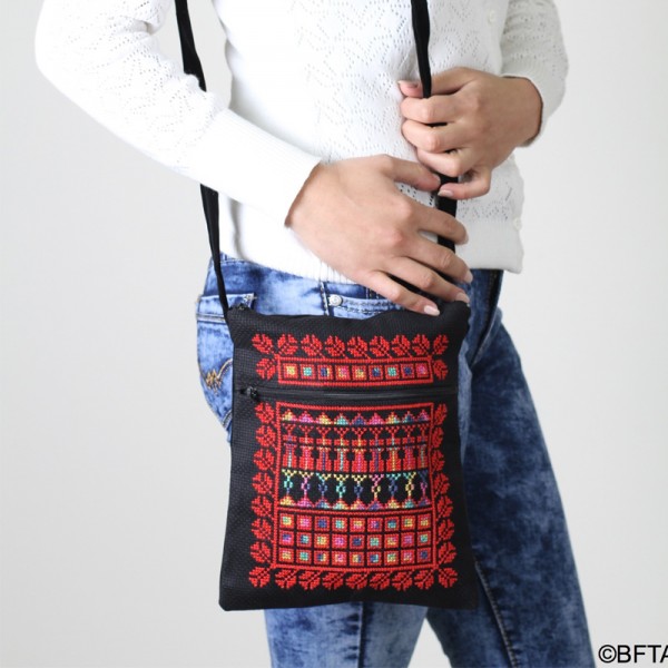  Black Embroidered Passport Bag with Light Red Thread