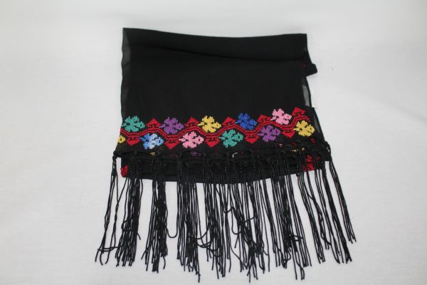 Black Embroidered Silk Shawl with Red, Blue and Pink Threads