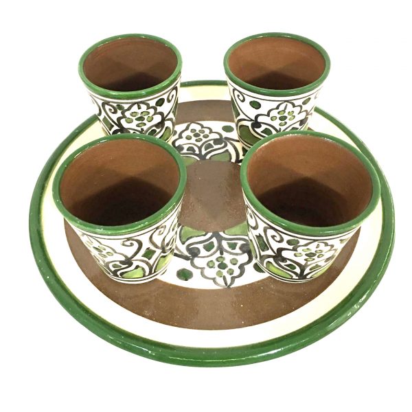 Hand Made Ceramics Set – Tray with 4 Coffee Cups – Green and Brown